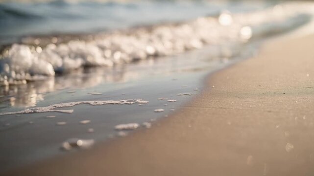 Close up of gentle ocean waves washing onto sandy beach with soft sunlight and sea foam