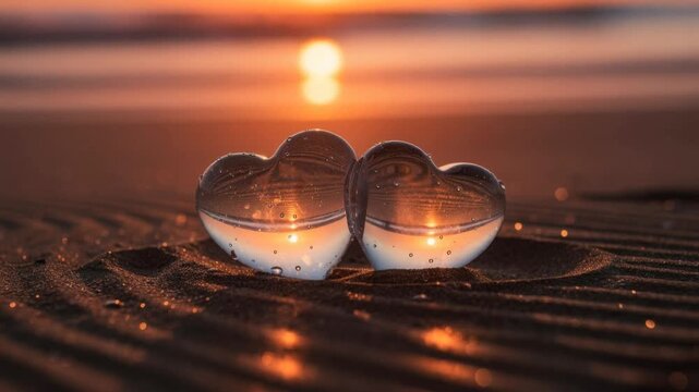 Romantic sunset beach scene with two glass heart shapes reflecting golden light on sand