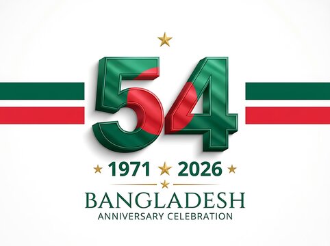 Bangladesh 54th anniversary celebration graphic with 1971 to 2026 numbers and flag texture independence day patriotic design national day red and green fifty fourth liberation war historical