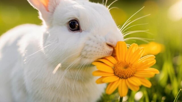 Close up of a white rabbit sniffing a vibrant yellow flower in a sunny green meadow