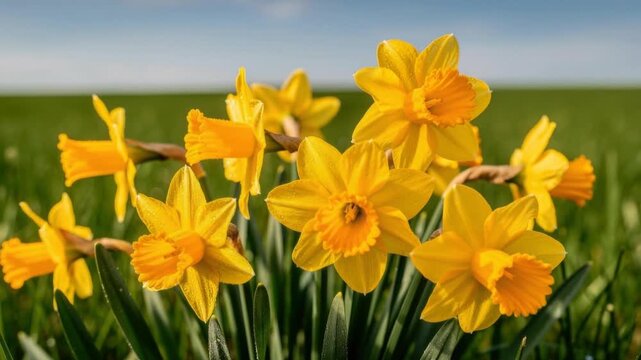 Bright yellow daffodil flowers blooming in a green field under a clear blue sky in springtime