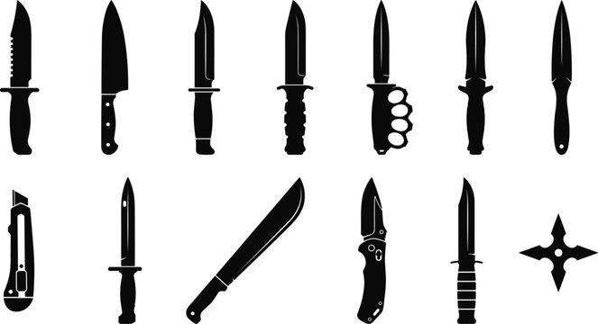 Military and tactical combat knives set black silhouettes collection includes machete shuriken pocket knife isolated vector illustration