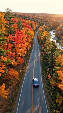 Aerial View of Car Driving Through Vibrant Autumn Forest Road - An aerial drone shot captures a dark blue car driving on a winding asphalt road through a dense forest ablaze with vibrant autumn