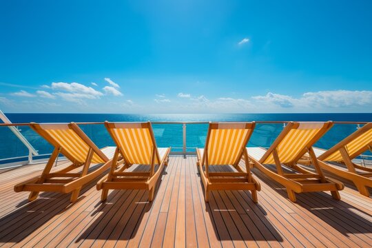 Lounge chairs lined up on a sunny ship deck with blue sky and ocean horizon