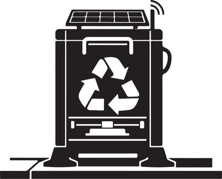 Smart solar powered recycling bin vector, sustainable waste management icon, eco-friendly trash compactor with solar panel