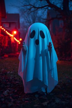 Child in ghost costume on Halloween night in spooky neighborhood