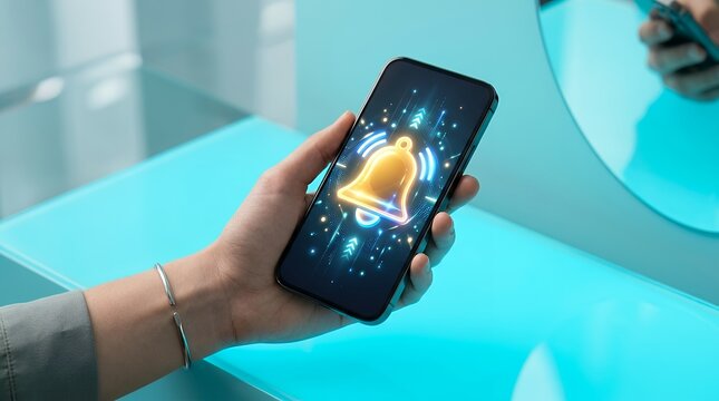 Person Holding Mobile Phone Presenting Illuminated Bell Notification Symbol on Bright Cyan Surface for Digital Alert Concept hand holding smartphone mobile phone bell notification alert symbol icon