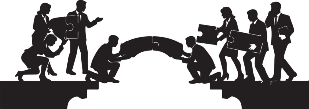 Black silhouette of business team building a bridge together connecting gaps
