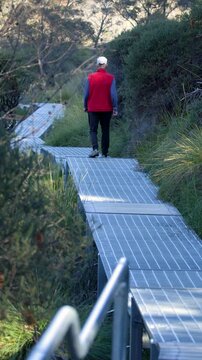 Man in Red Vest Hiking on Boardwalk at Wentworth Falls