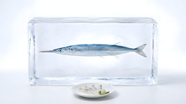 Whole Fish Frozen Inside Clear Ice Block on White Background