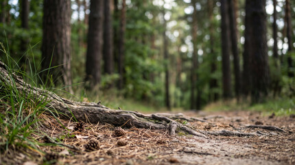 Fototapeta premium Pinecone forest floor background with exposed root and soft woodland depth. Rustic autumn pine cone forest floor. timberland conifer wood ground, peaceful fall nature