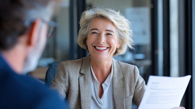Smiling mature business woman hr holding cv document at job interview. Happy mid aged professional banking manager or lawyer consulting client sitting at workplace in corporate office meeting.