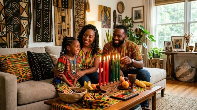 Kwanzaa Celebration: A joyous family lights Kwanzaa candles, adorned in vibrant traditional attire, sharing laughter and cultural pride around a coffee table laden with symbolic gifts and fruits.