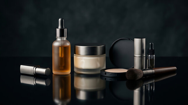 Luxury skincare and makeup products on dark reflective surface for beauty advertising.