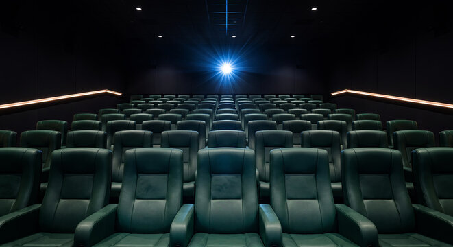 Empty modern movie theater with rows of comfortable seats and a bright projector light. Concept of entertainment, film premiere and cinematic experience.