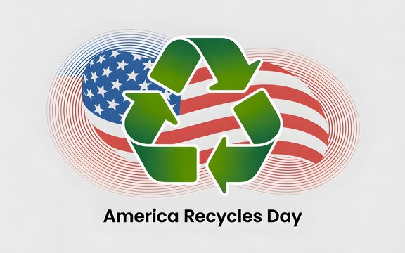 America recycles day with green recycling symbol and waving american flag