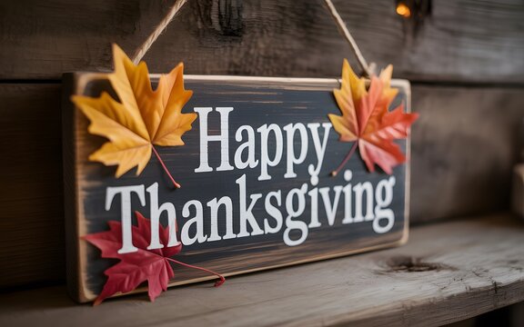 Wooden happy thanksgiving sign decorated with colorful autumn maple leaves on rustic wood