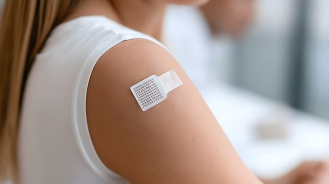 Close up of a person s upper arm with a white medical adhesive patch applied to the skin  showing a grid pattern on the patch