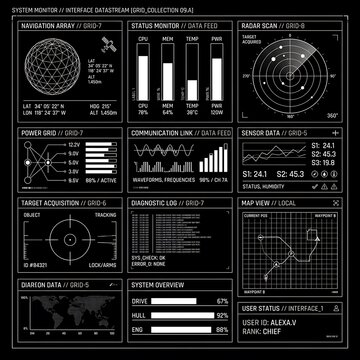 Futuristic digital hud user interface with charts graphs radar and telemetry data on black background radar screen futuristic tech sci fi interface control panel data visualization monitor scree