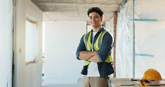 Portrait, construction and smile with man on site for building, inspection and planning. Architecture, infrastructure engineer and project with contractor for property developer, pride and renovation