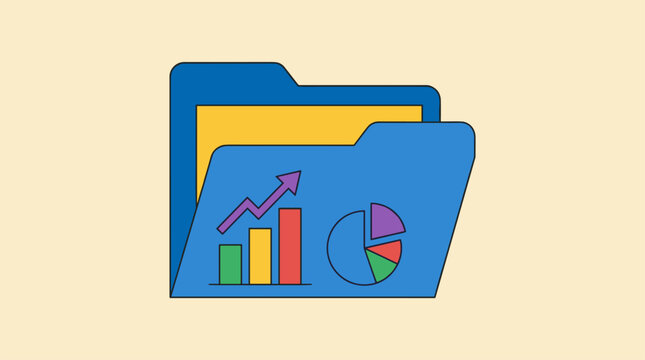 Blue folder with internal yellow tab, showing bar and pie charts with upward trending arrow, flat design graphic