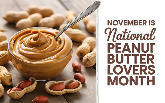 Bowl of creamy peanut butter with peanuts on a wooden table for peanut butter month