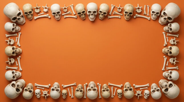 A rectangular frame made of human skulls and bones on a vibrant orange background for halloween design