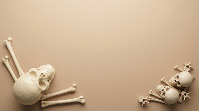 Human skull and bones arranged on a plain beige background with copy space for text or design