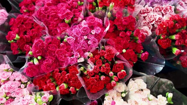 Fresh Red and Pink Carnation Bouquets at Bangkok Flower Market