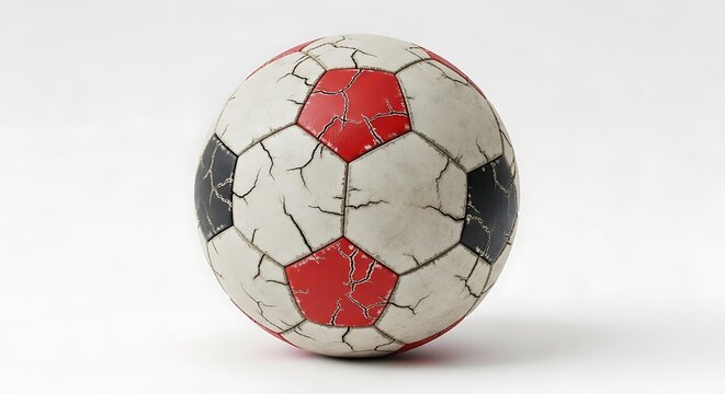 Cracked soccer ball with vibrant orange-red pentagonal patches