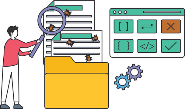 Bug fixing concept with programmers debugging code. Software development team performing quality assurance and software testing. Finding errors, IT support, problem solving, code review.