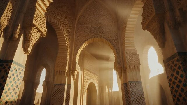 Intricate Arabic architecture with sunbeams illuminating detailed carvings and arches.
