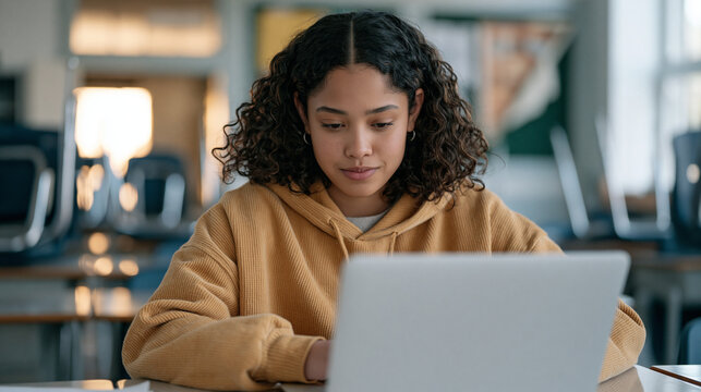 Teenage girl at a community coding club staring at a laptop screen in a dim empty classroom with overturned chairs visible beyond her, learning alone in a desolate afterschool