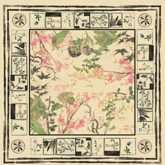 Fototapeta premium Vintage silk scarf print with chine floral branches and a black block-printed border.