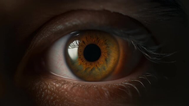 Extreme close-up of a human eye with a striking hazel iris and black pupil, showcasing detailed texture and reflections.