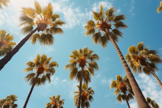 Palm trees foliage and trunks against vivid blue sky creating tropical summer feeling