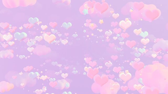 Fly through dreamy pastel hearts and clouds in the sky animation. (loop)