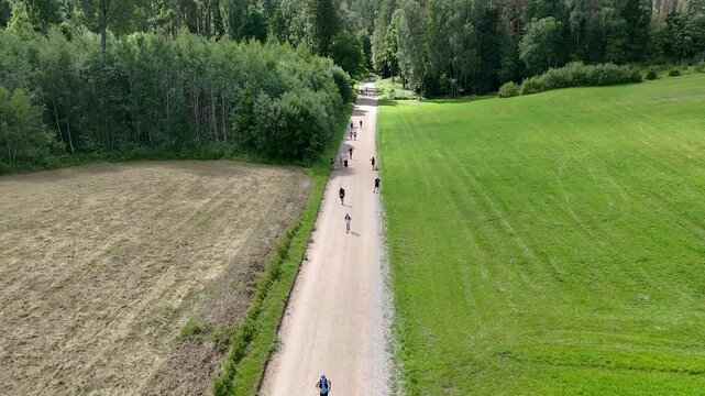 Distance runners tackle a long gravel climb between green fields and forest during an outdoor endurance event.