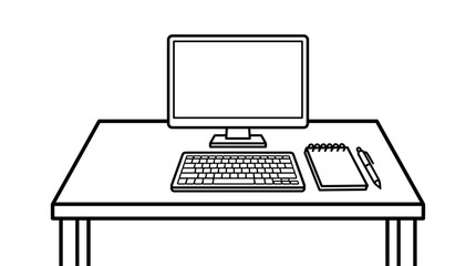 Fototapeta premium Simple black and white line art illustration of an office desk with a computer, keyboard, notepad, and pen on a white background.