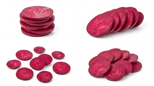 Fresh raw beet slices stacked in different pile arrangements