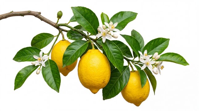Fresh yellow lemons with green leaves and white flowers