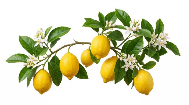Fresh yellow lemons with green leaves and white flowers