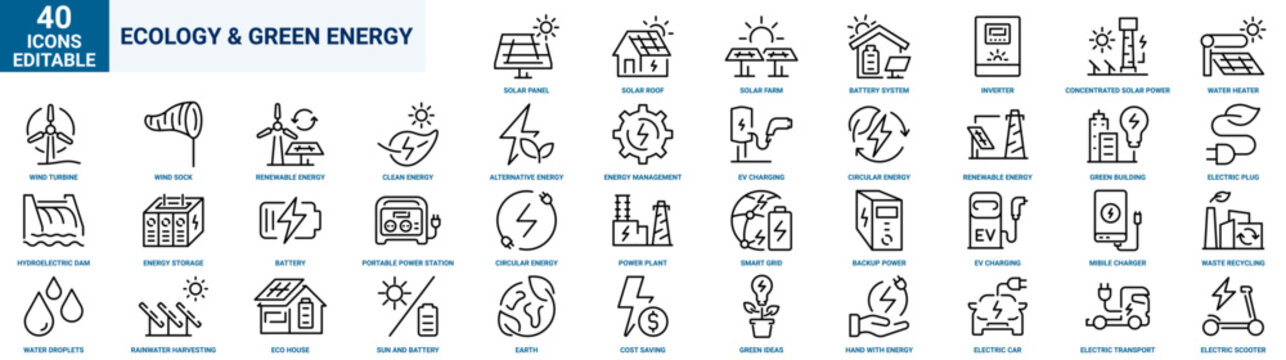 Ecology Green Energy Outline Icons &ndash; 40 Linear Vector Icons. Editable stroke