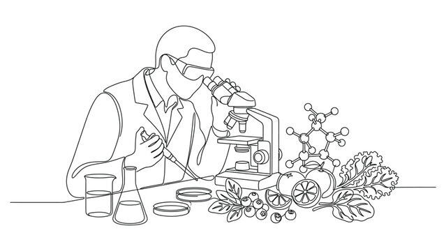 Continuous one line drawing of a scientist working in a laboratory with food samples.