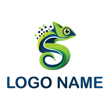 Green chameleon lizard forming letter S shape with digital pixels, modern tech and corporate logo concept