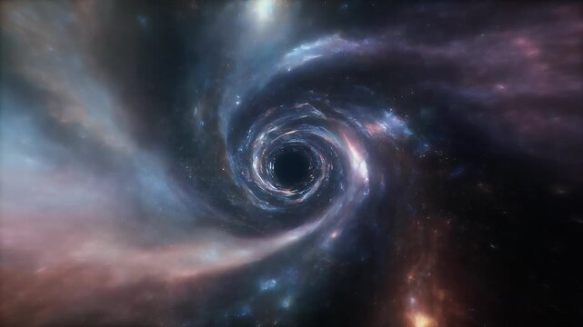 A breathtaking visualization of a black hole's event horizon with swirling cosmic dust and nebulae.