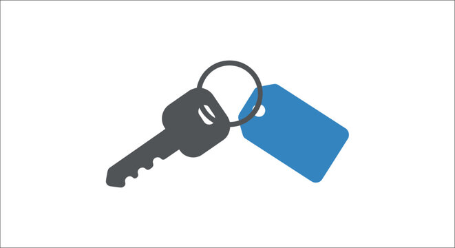 A gray key with a blue key tag is depicted as a flat silhouette on a white background