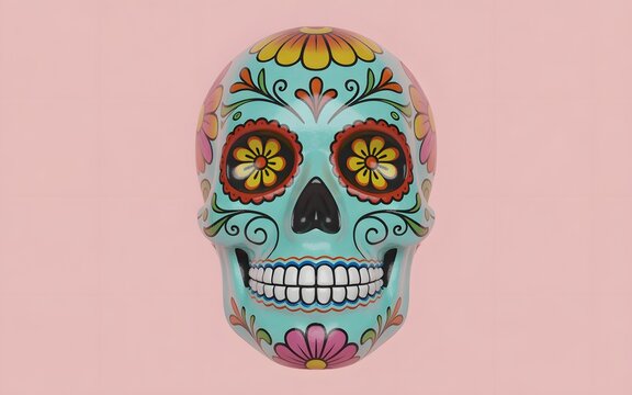 Detailed sugar skull with floral decorations on a soft pastel pink background color