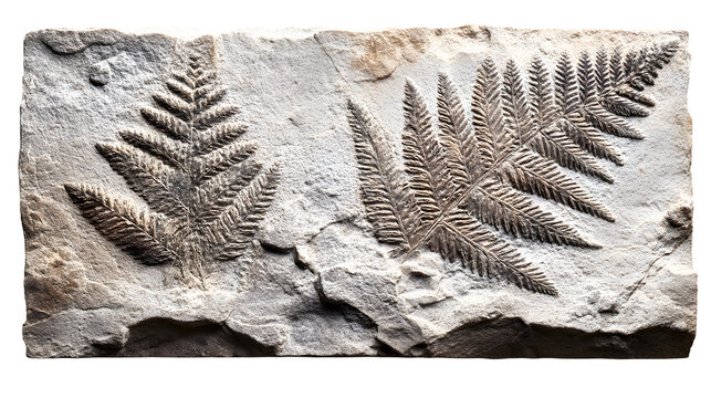 Fossilized fern leaves on a stone panel