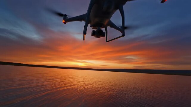 A drone hovers over a lake during a vibrant sunset.